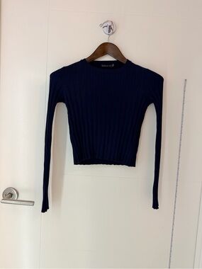 Bershka Navy Ribbed Long-Sleeve Crop Top